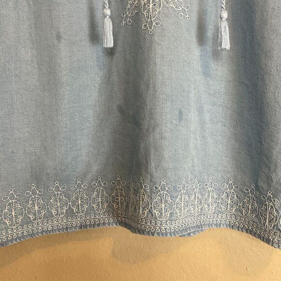 J Jill Denim Womens Chambray Embroidered Top Size M Blue Long Sleeve Tassel Boho - Picture 6 of 12